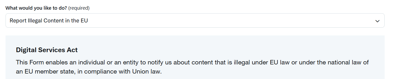 Form interface for reporting illegal content in the EU under the Digital Services Act, with a dropdown menu to select the report type.