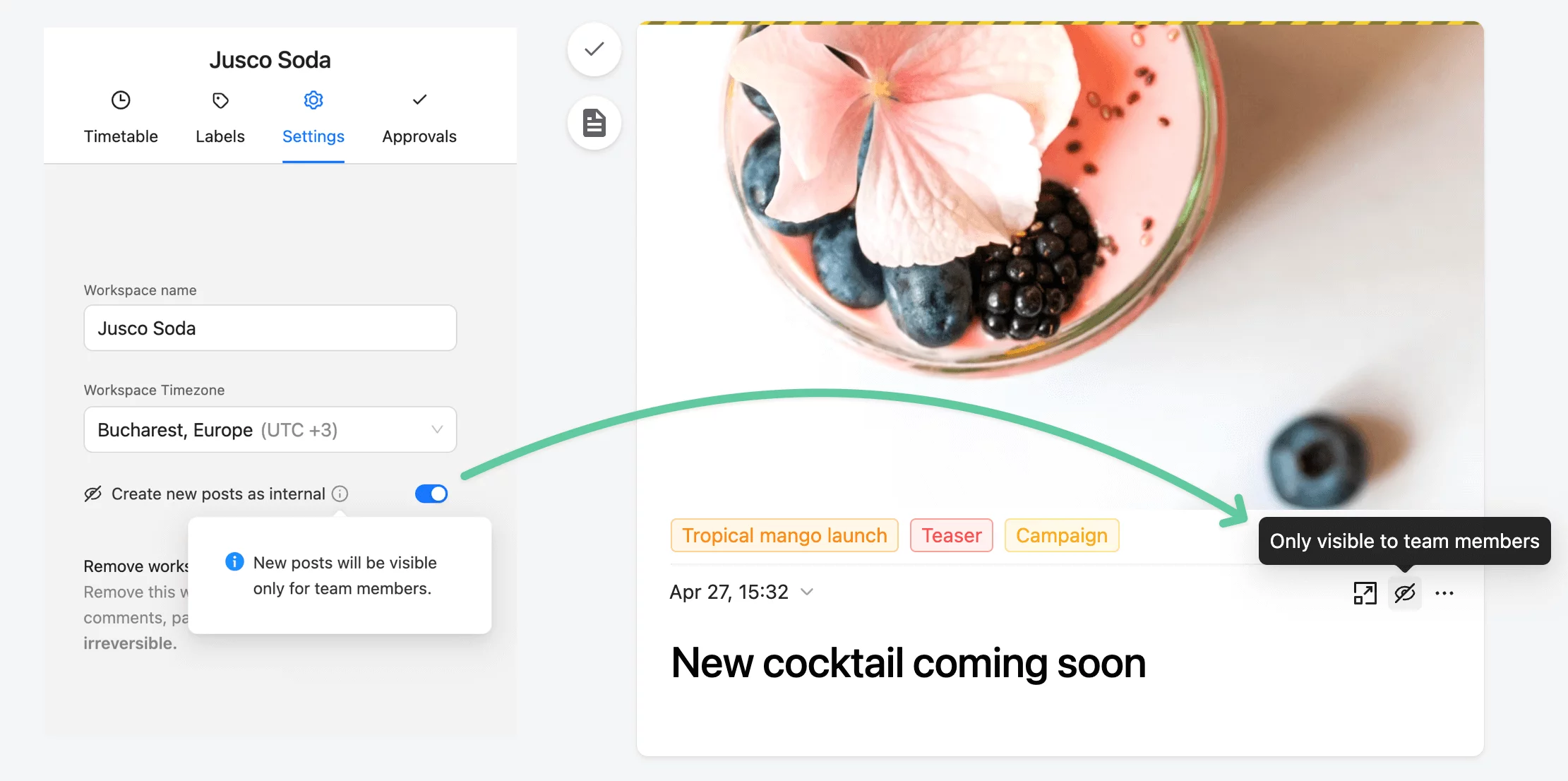 Planable's workspace settings for "Jusco Soda" with an internal post preview of a tropical mango cocktail campaign, visible only to team members.