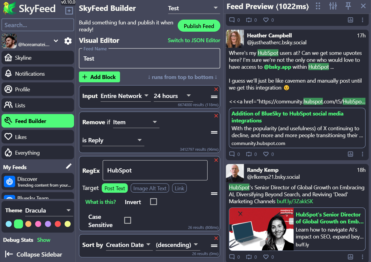 SkyFeed Builder interface with tools to create custom feeds, filters, preview posts, and a dark theme applied.