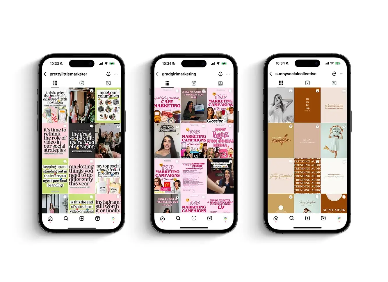 Three smartphones display Instagram profiles of social media influencers, featuring tips, strategies, and motivational content for digital marketers.