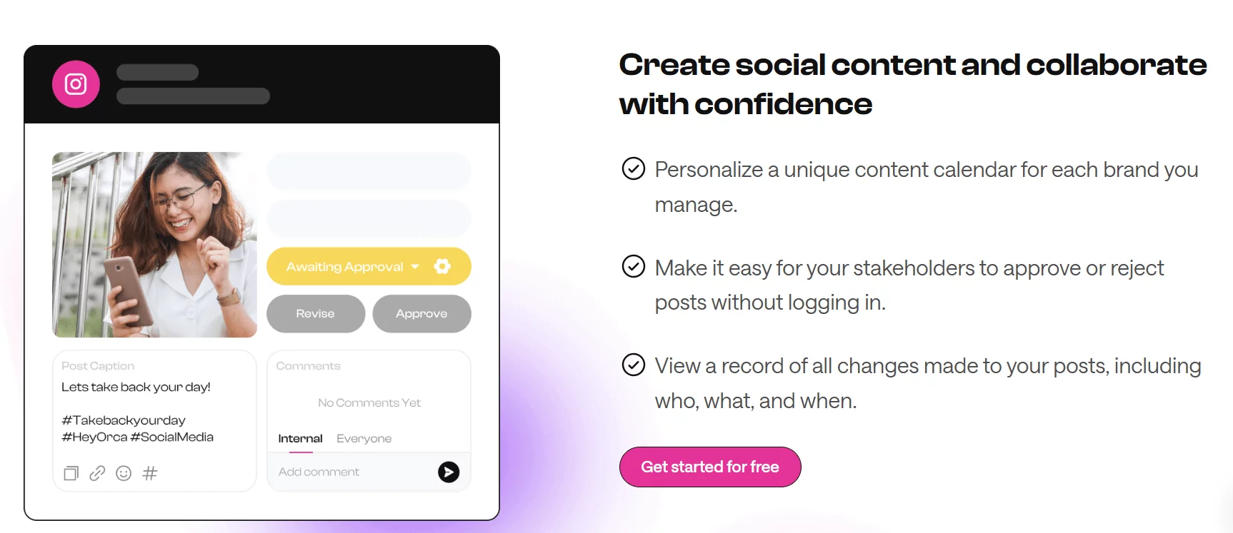 HeyOrca's landing page for social media content approval showing a smiling woman on her phone and options to revise or approve posts.