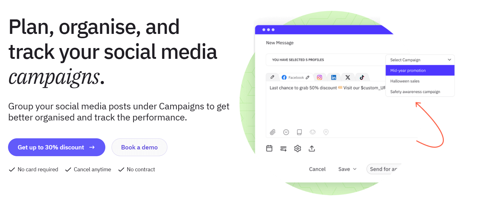 Sendible's social media scheduling interface showing a campaign selection dropdown and a message preview for multiple platforms.