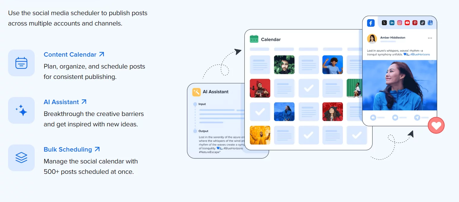 SocialPilot's landing page promoting its Content Calendar, AI Assistant, and Bulk Scheduling, featuring post previews.