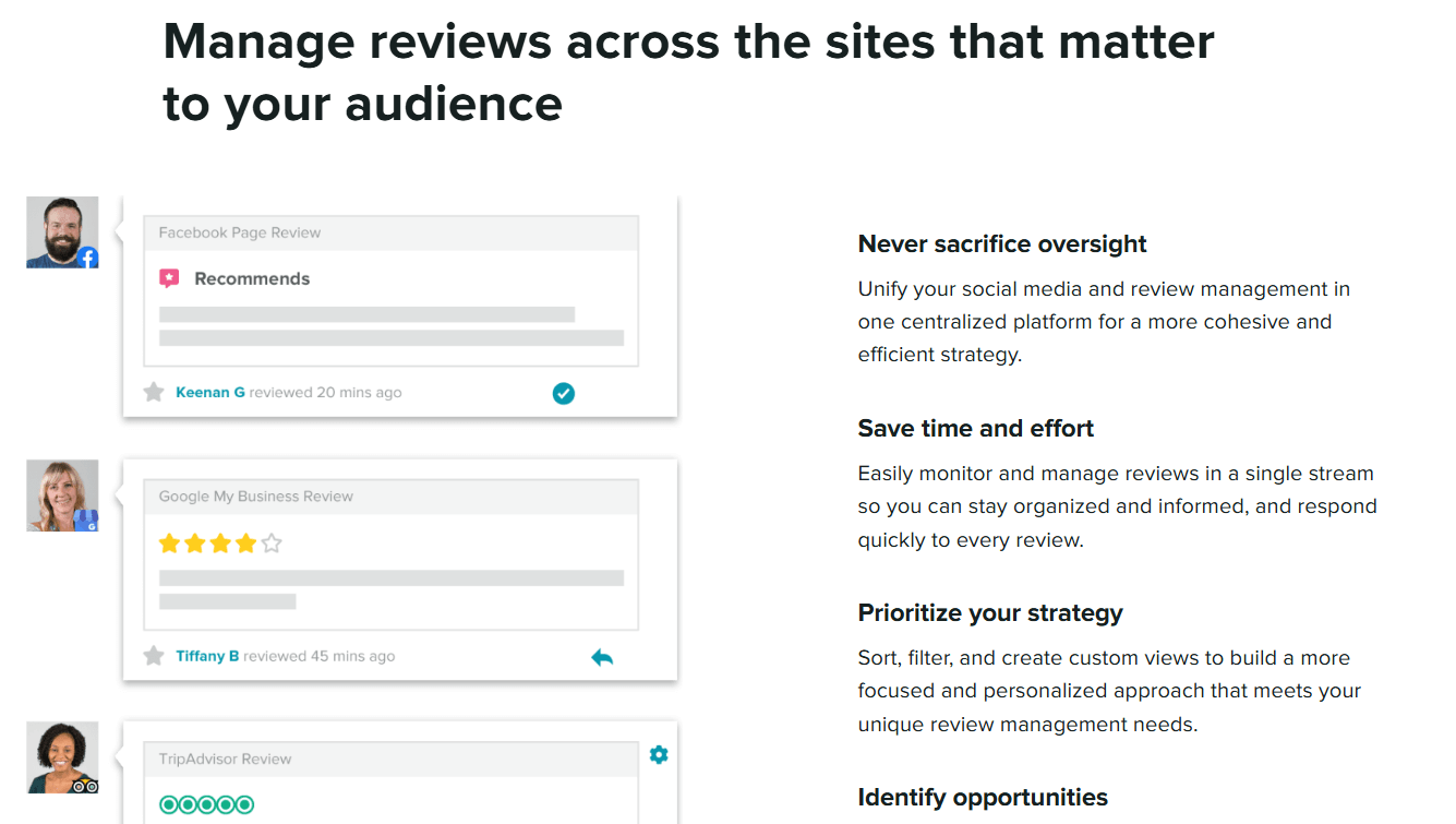 Sprout Social's dashboard displaying social media reviews from platforms like Facebook, Google My Business, and TripAdvisor, with review management tips.