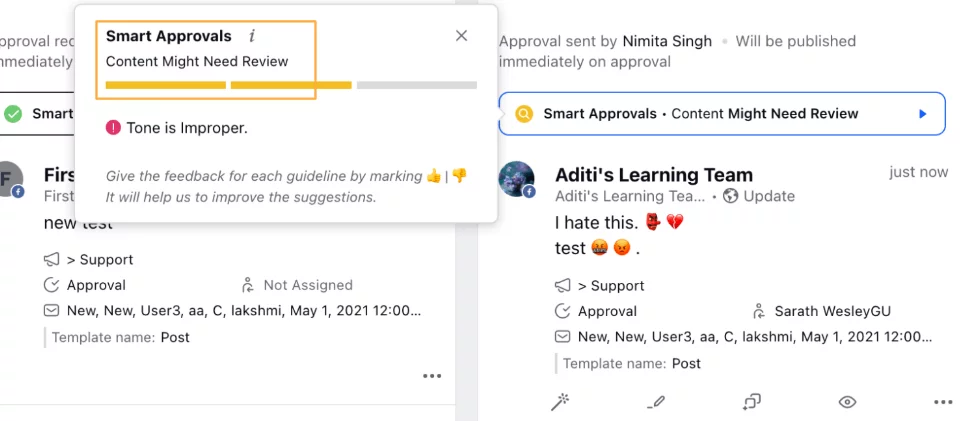 Sprinklr's Smart Approvals notification flags improper tone in a post, suggesting the content might need review before publishing.