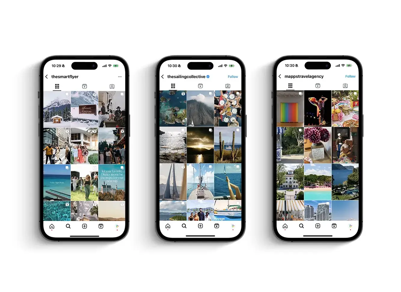 Three smartphones show Instagram profiles of travel agencies, featuring posts with scenic destinations, travel experiences, and vacation inspiration.