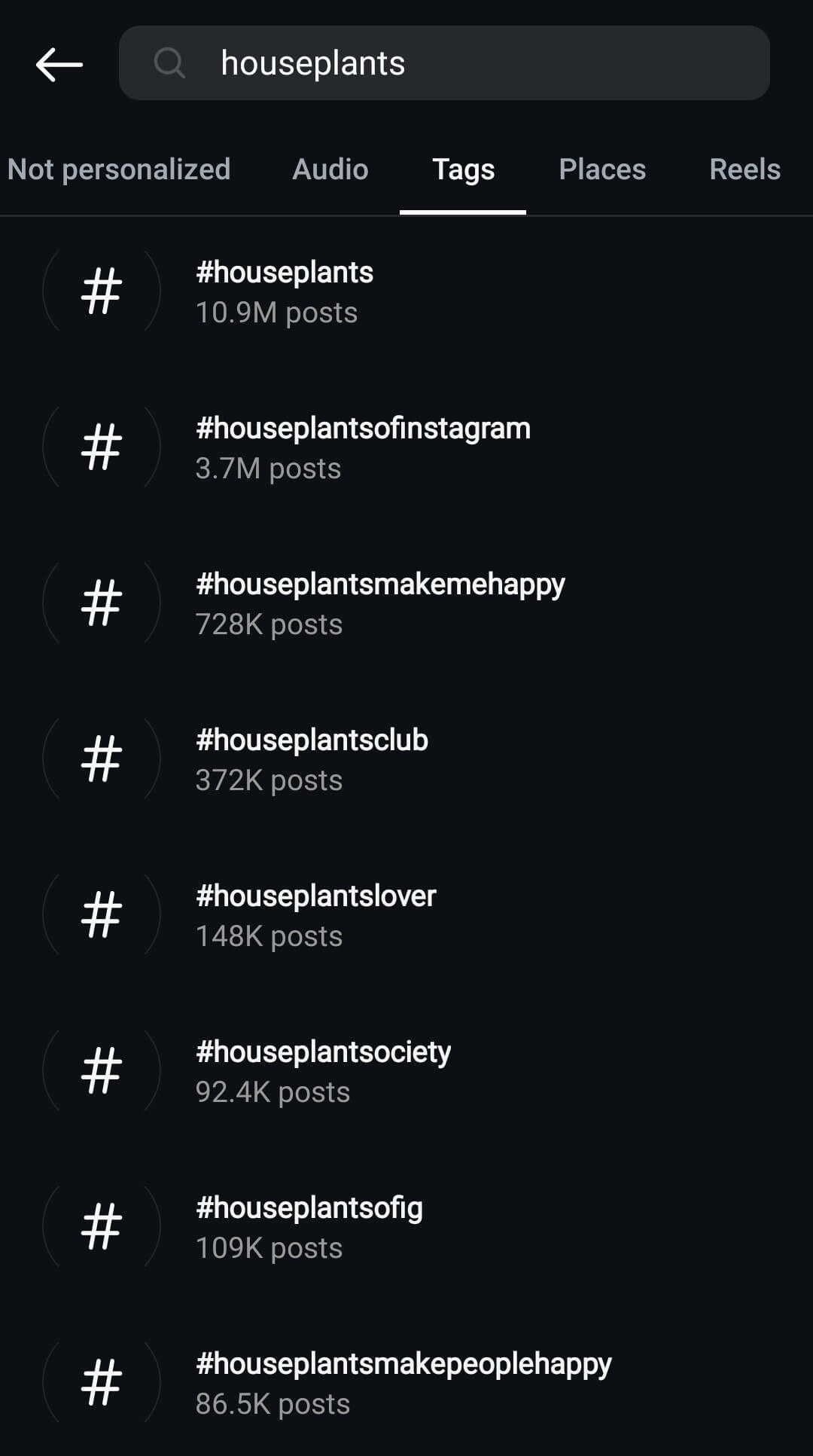 Instagram search results for the hashtag "houseplants," showing popular tags like #houseplants with 10.9M posts and others.