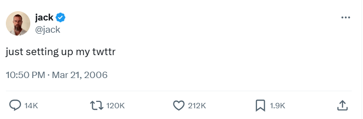 First-ever tweet by Jack Dorsey on March 21, 2006, saying "just setting up my twttr," with engagement stats below.