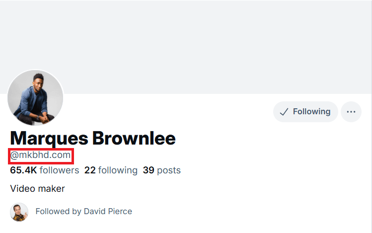 Marques Brownlee's profile on a social media platform, showing his username "@mkbhd.com," follower count, posts, and "Following" status.