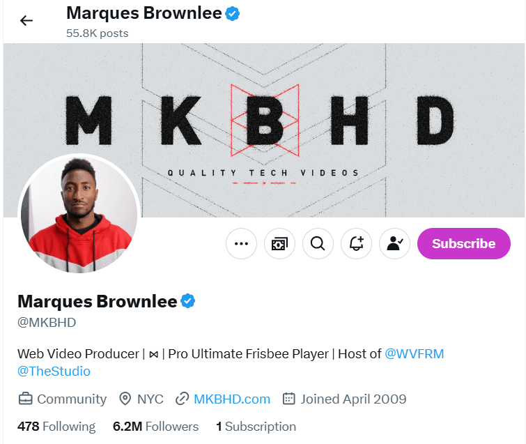 Marques Brownlee's social media profile with banner reading "MKBHD Quality Tech Videos," bio details, follower count, and subscription button.