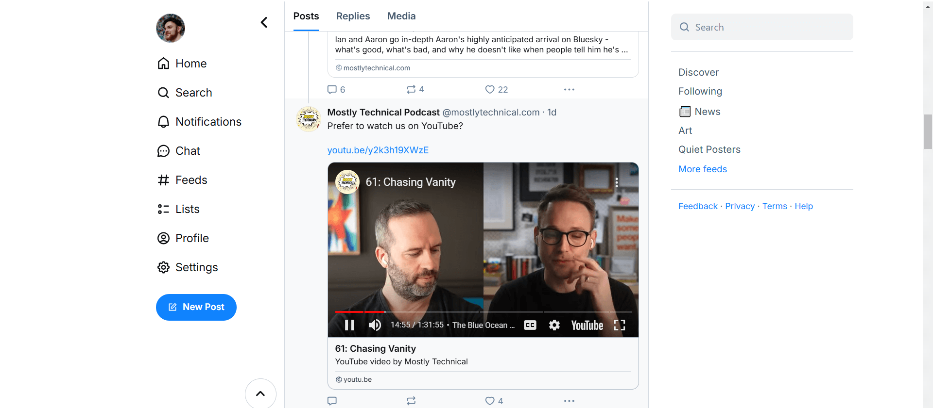 Bluesky interface showing a post from Mostly Technical Podcast featuring a YouTube video titled "61: Chasing Vanity," with navigation menu on the left.
