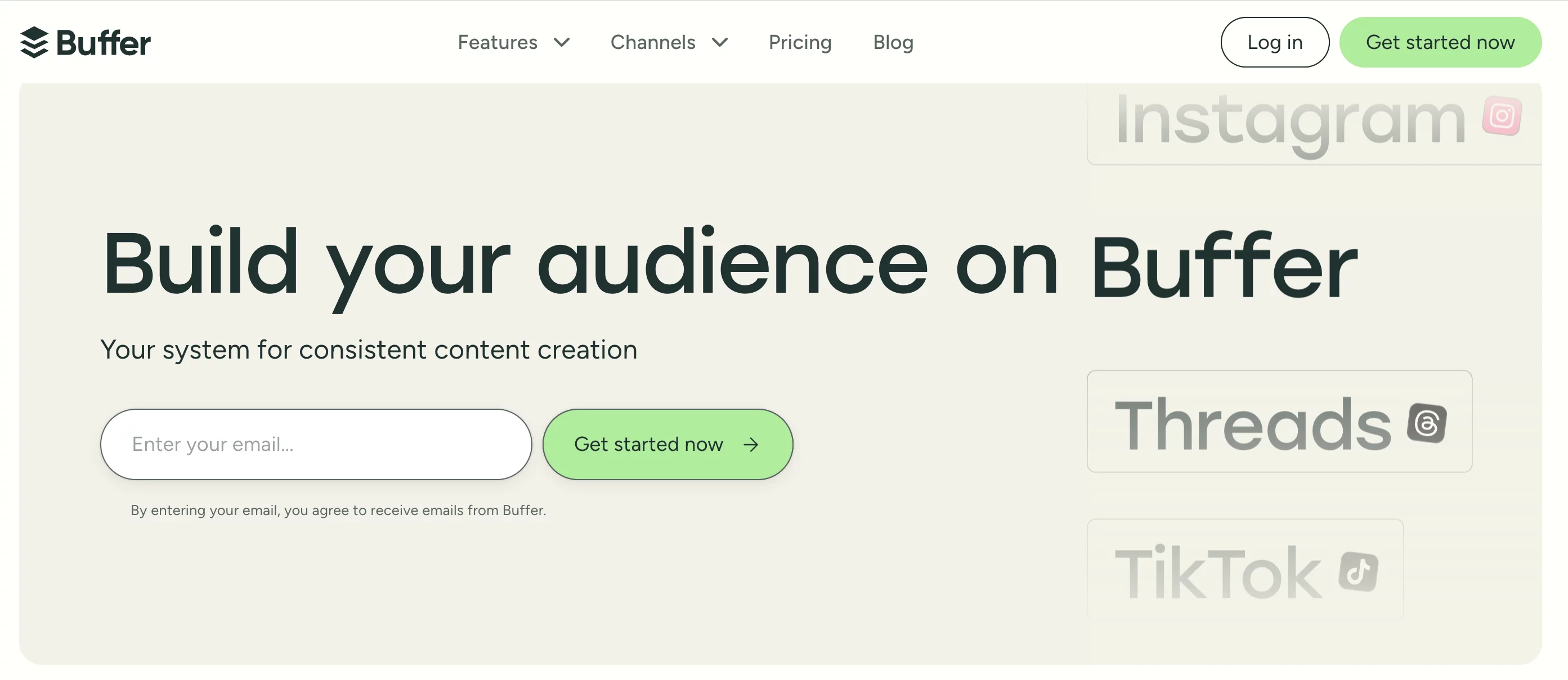 Buffer interface displaying scheduled social media posts with calendar and publishing tools.