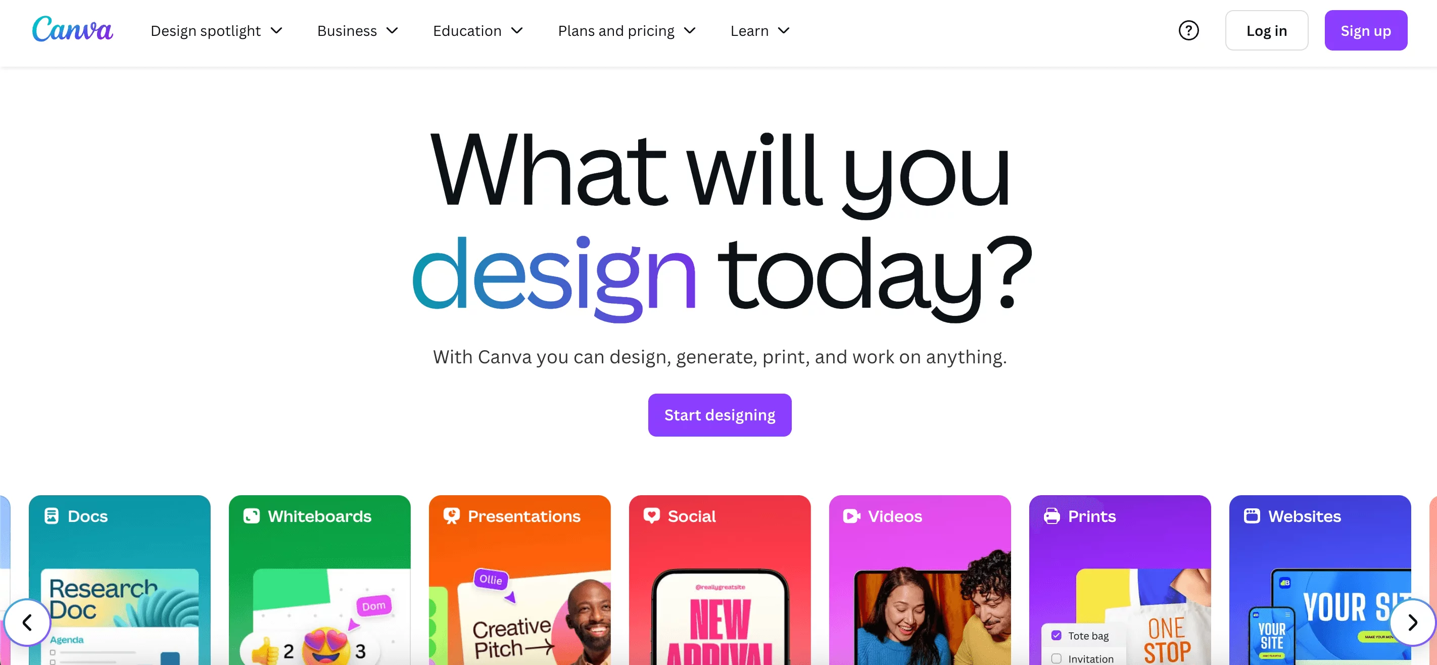 Canva dashboard with social media templates, design tools, and team collaboration features.