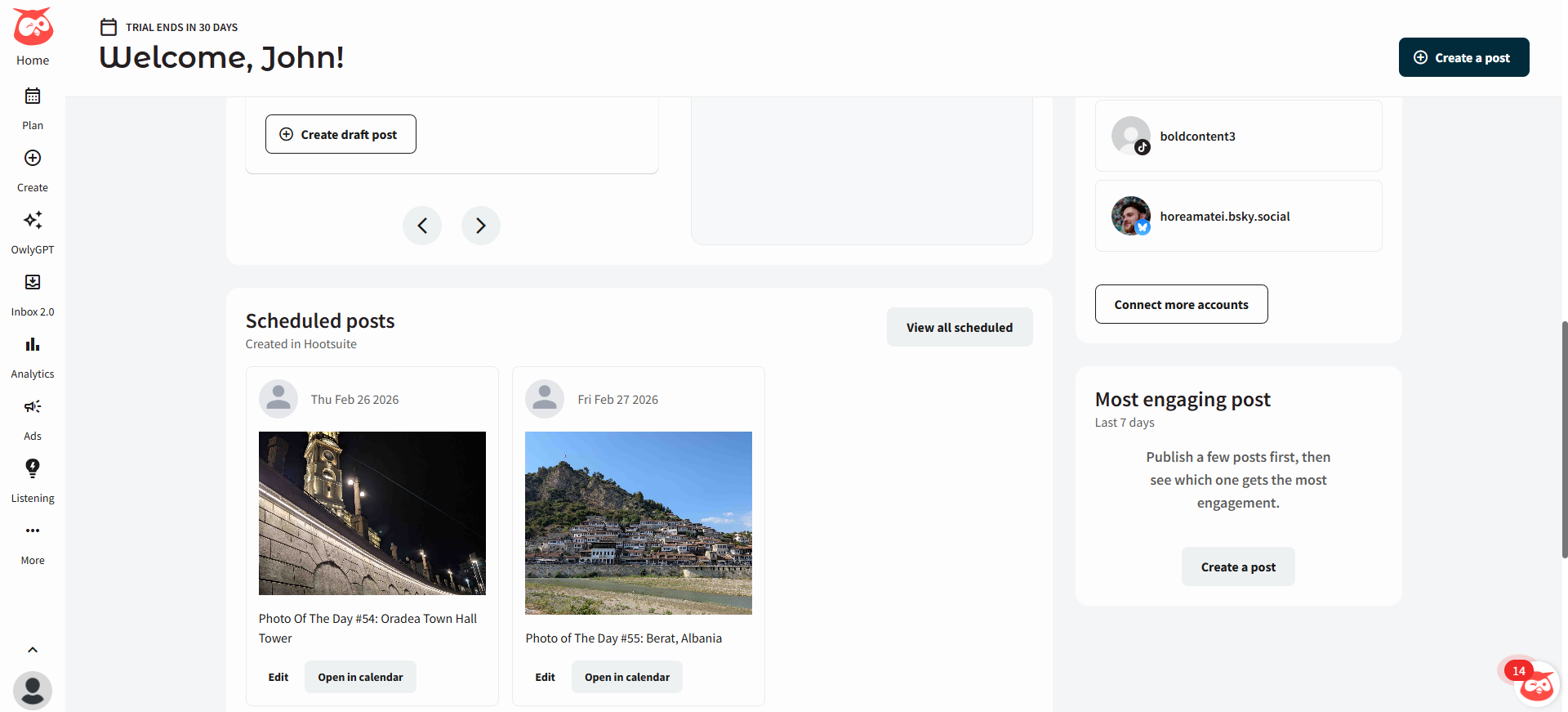 Hootsuite dashboard showing scheduled social media posts, connected accounts, and engagement insights panel.