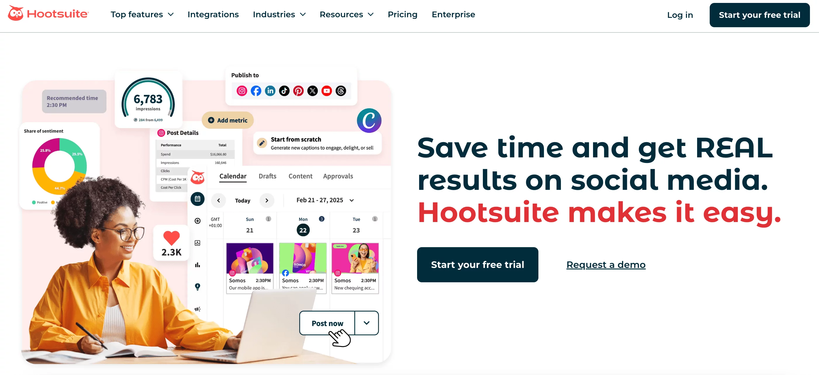 Hootsuite dashboard displaying social media analytics with engagement metrics and performance graphs.