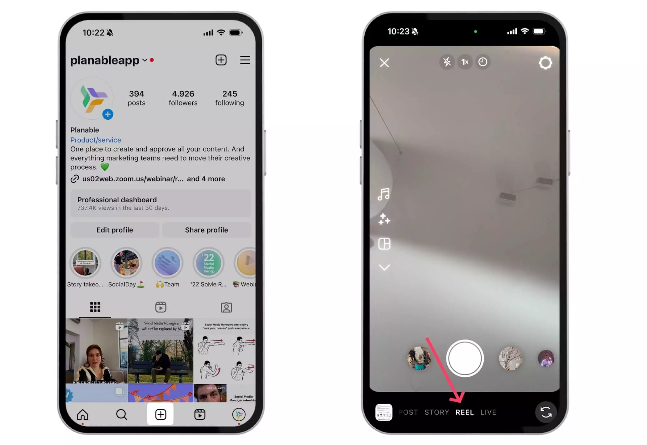 Creating an Instagram Reel on the Instagram mobile application interface for Planable's account