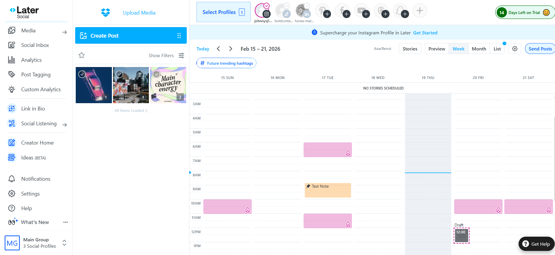 Later social media scheduler dashboard with weekly content calendar, media library, and Instagram profiles selected.