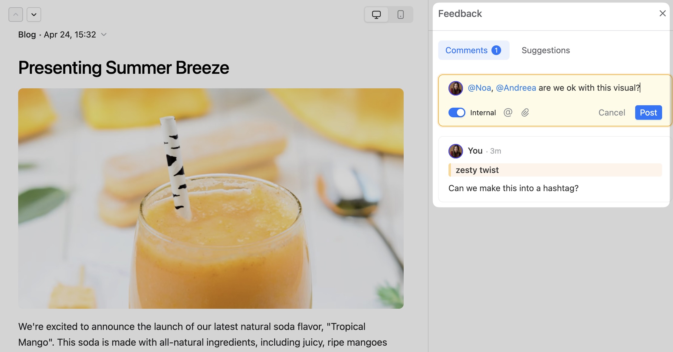 Blog post editor with mango smoothie image and real-time team feedback comments in a side panel.