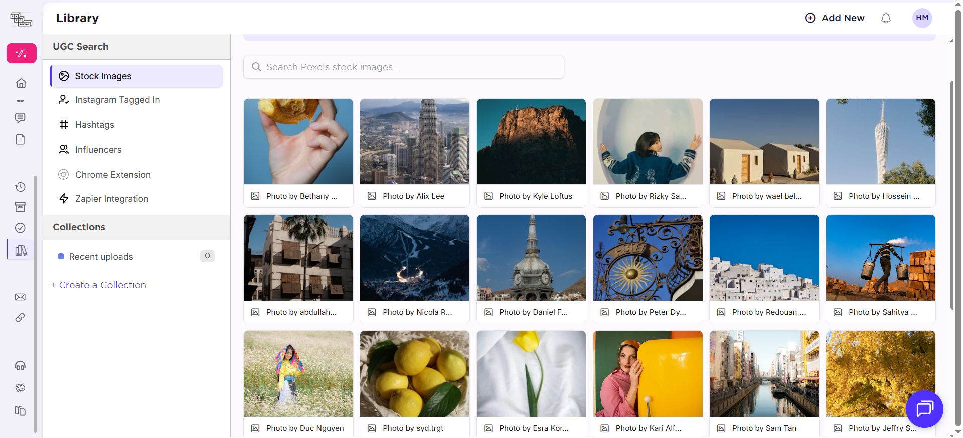 Sked Social media library showing stock image search results and UGC menu with hashtags, influencers, and collections.