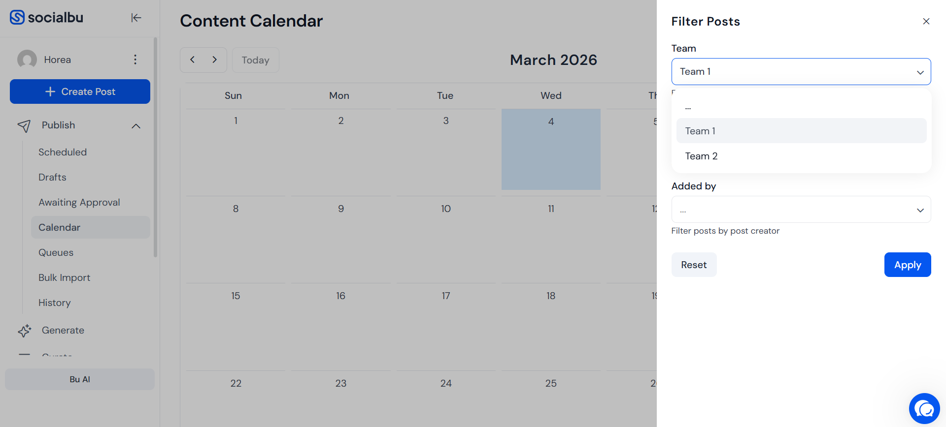 SocialBu content calendar showing scheduled posts with sidebar filters to sort posts by team and creator.