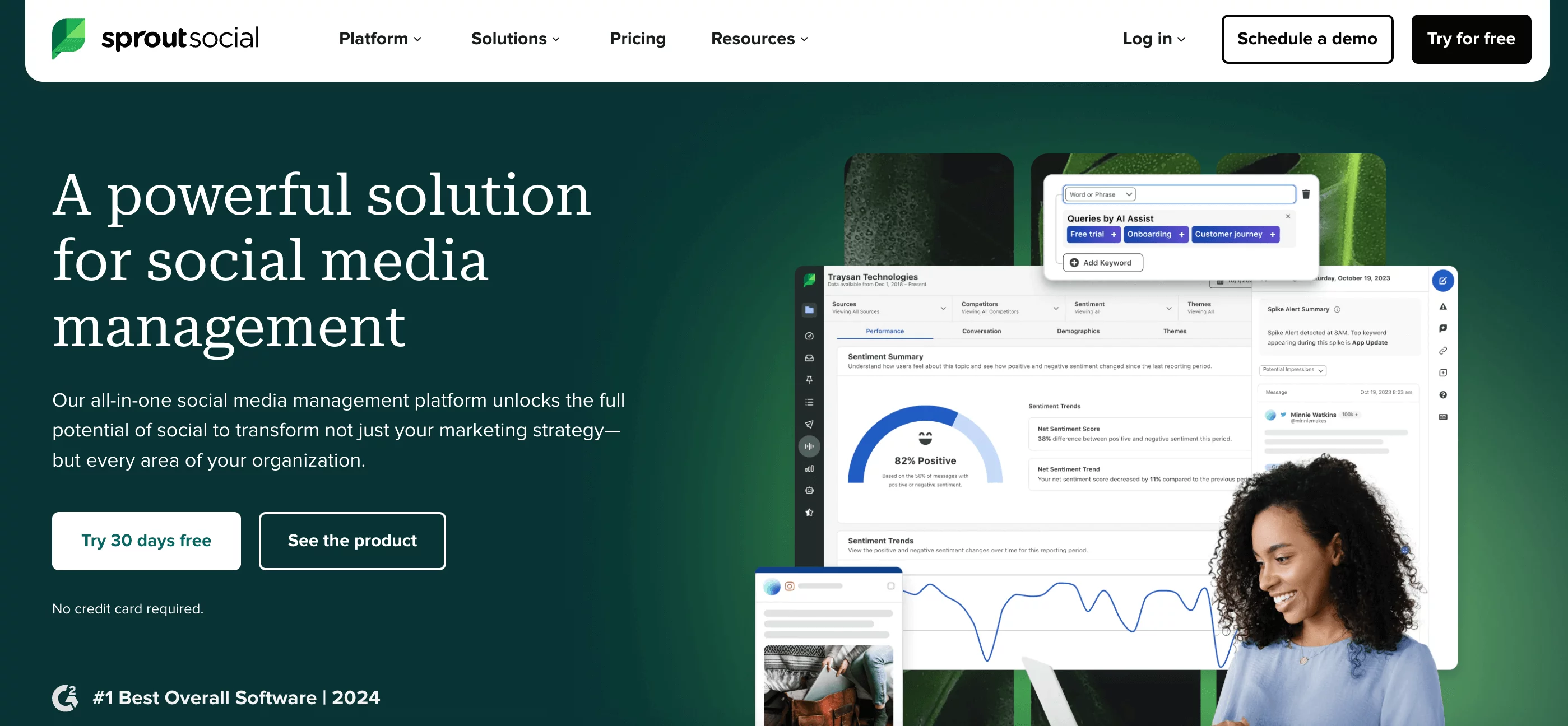 Sprout Social dashboard with sentiment analysis, engagement metrics, and topic performance insights for large teams.