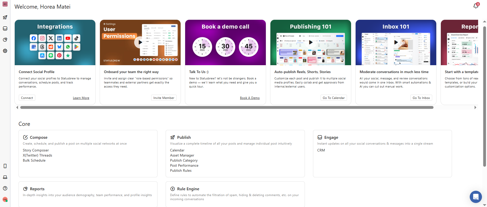 Statusbrew dashboard showing social media integrations, publishing tools, inbox management, and analytics features.