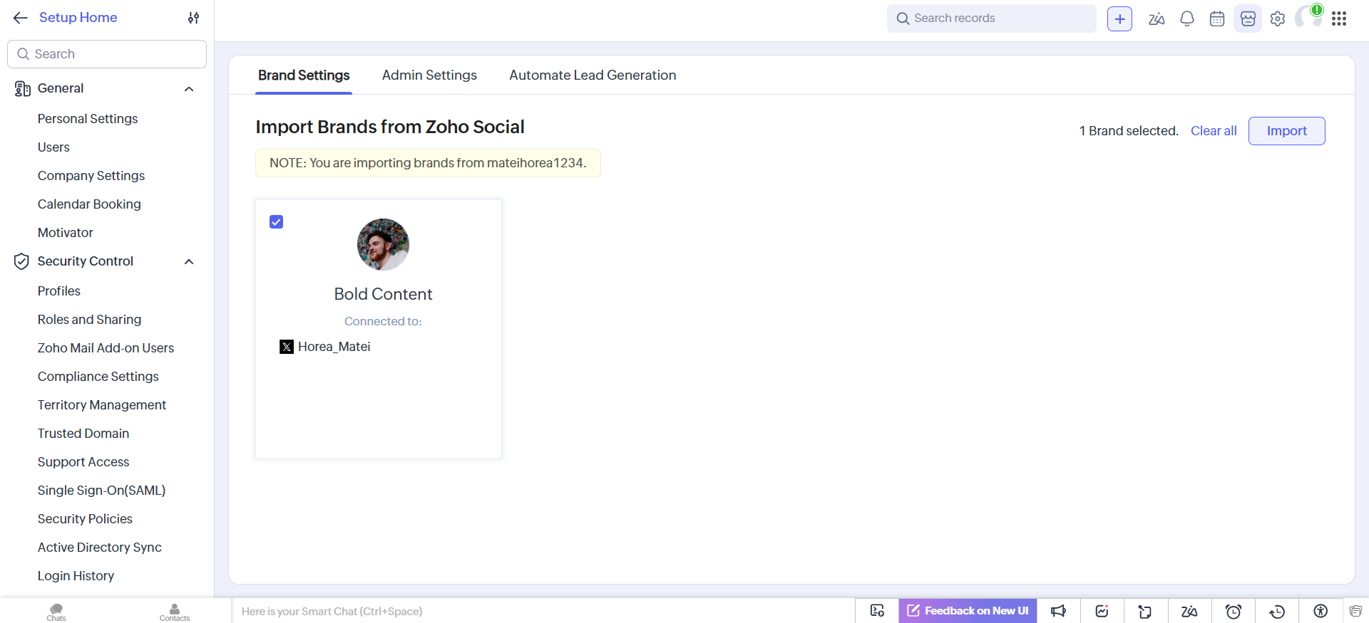 Zoho CRM setup screen importing a brand from Zoho Social with connected social profile selected for import.