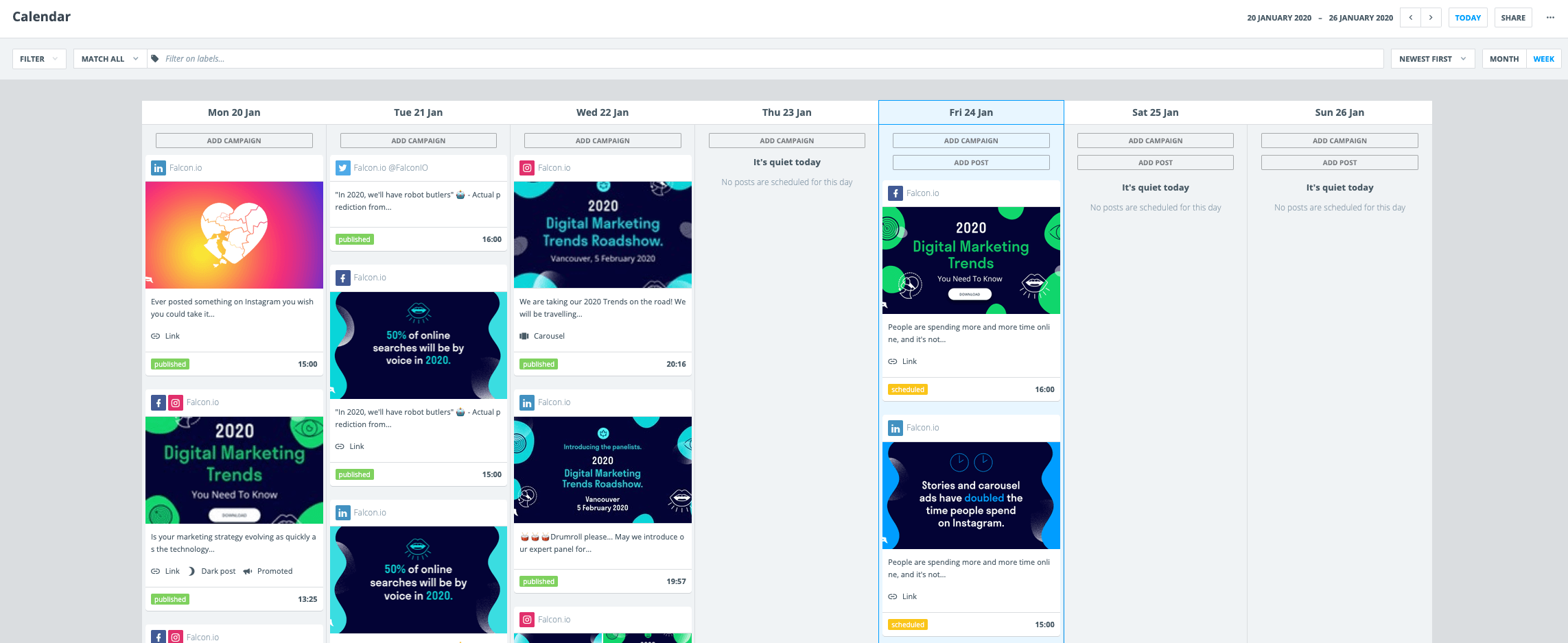 Brandwatch's social media content calendar displaying scheduled posts with images, captions, and publishing times.