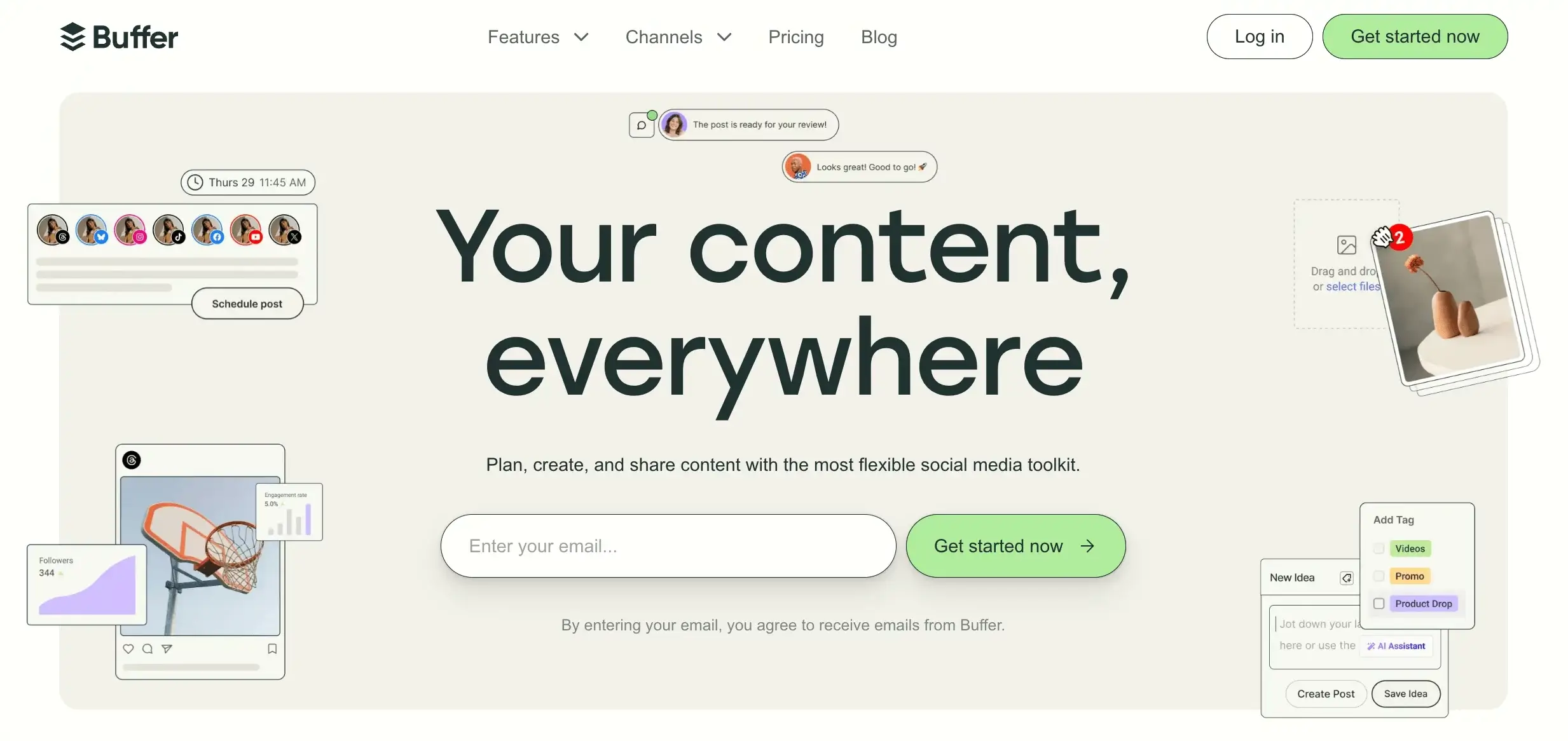 Buffer homepage with the tagline "Your content, everywhere" and visuals of social media scheduling and analytics tools. 