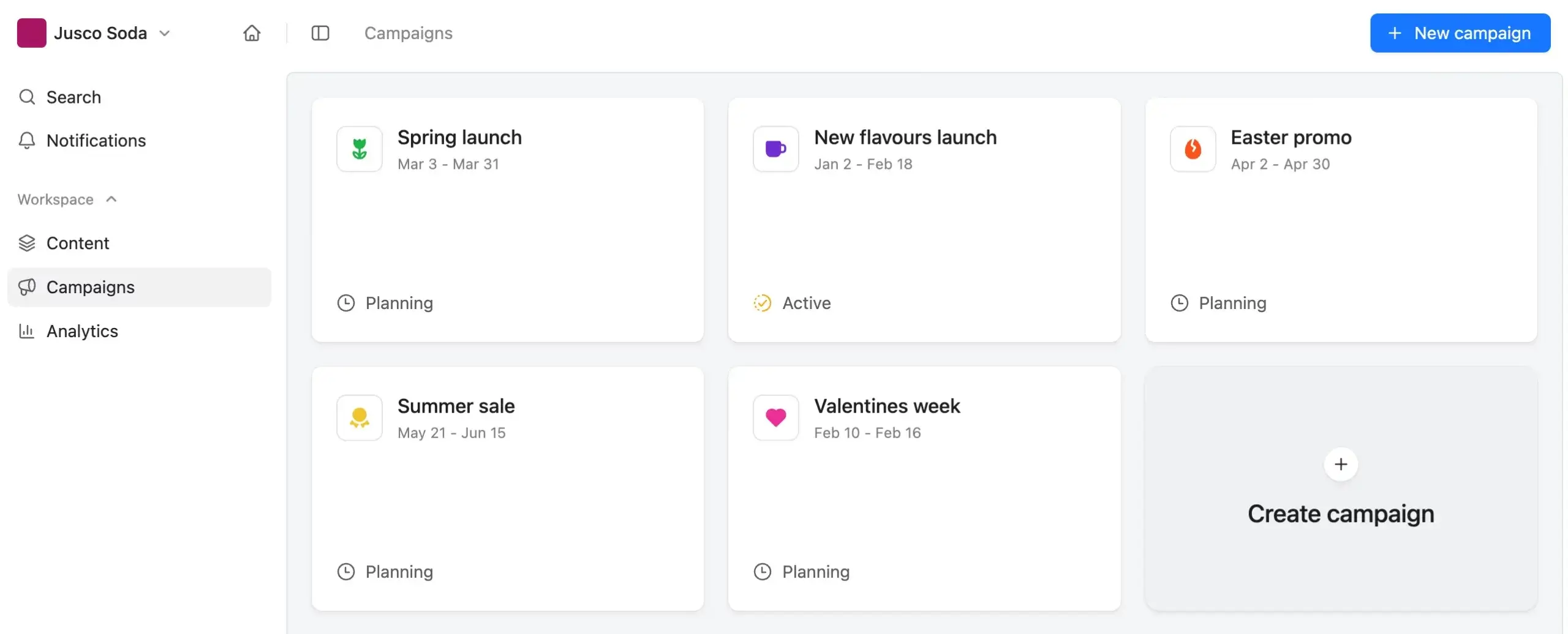 Planable's campaigns interface shows a dashboard with campaign cards, statuses, dates, and a "+ New campaign" button.