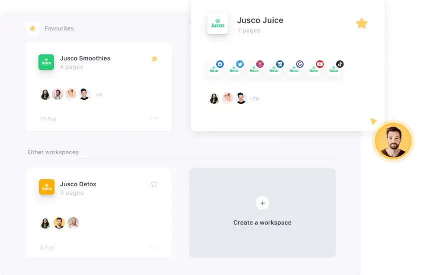  Planable dashboard showing multiple workspaces for organizing social media content by brand or client.