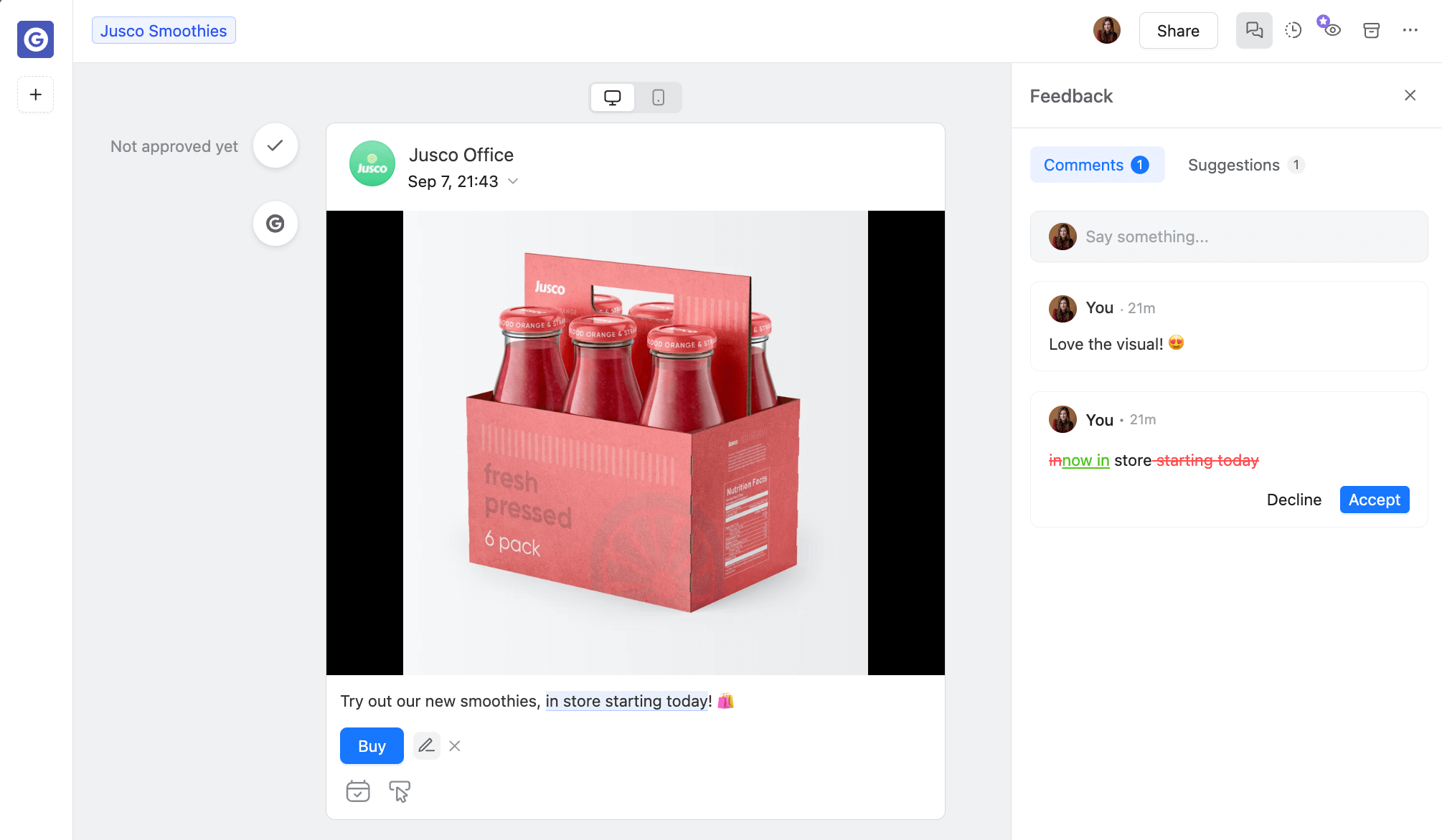 Google Business Profile post review in Planable, displaying an unapproved Jusco Smoothies post with an image of bottled smoothies, feedback comments, and a text suggestion for revision.
