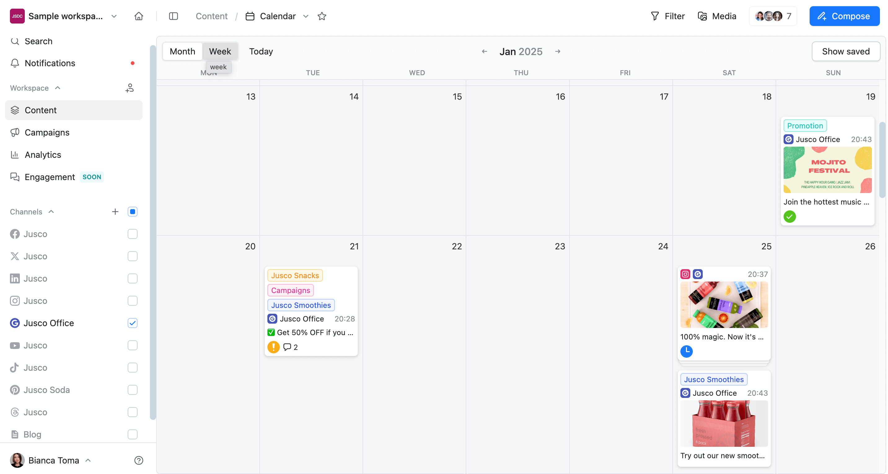 Google Business Profile calendar view in Planable, showing scheduled social media posts for January 2025 with posts categorized under different labels like 'Jusco Snacks,' 'Campaigns,' and 'Jusco Smoothies.' 