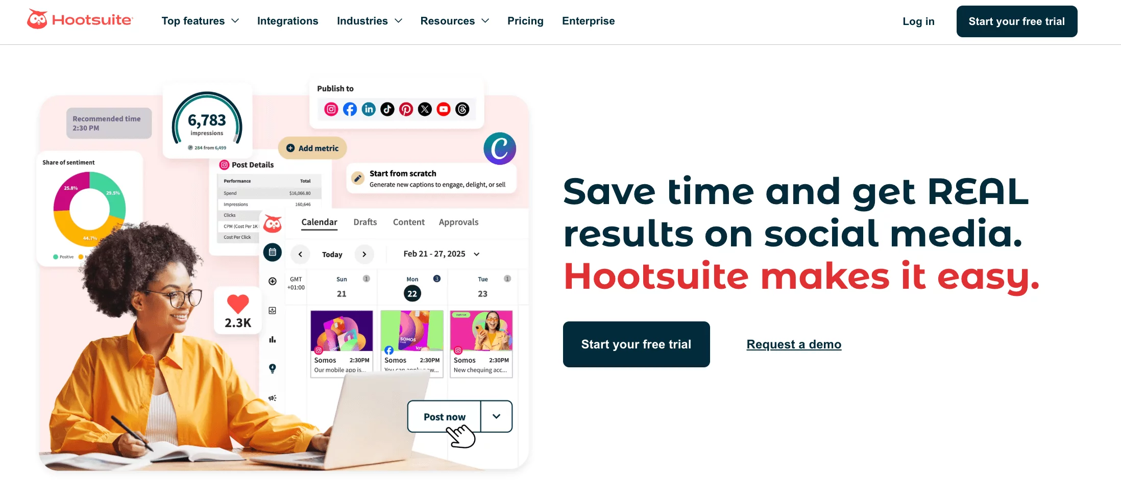 Hootsuite's homepage with start free trial & request a demo call to actions, best Loomly alternative for social listening