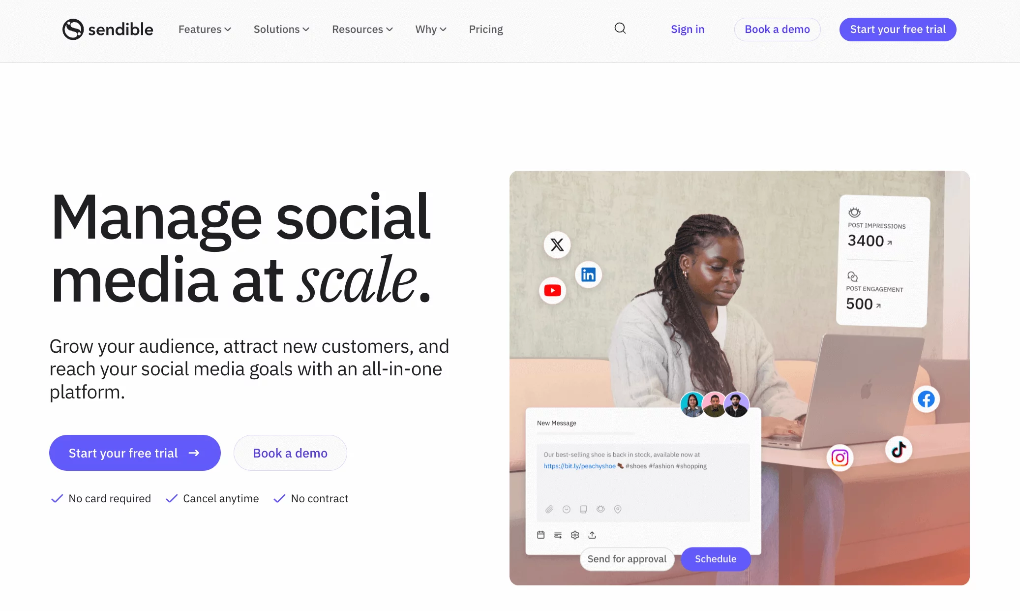 Sendible's homepage featuring a headline "Manage social media at scale" with supporting text about growing audiences and reaching social media goals.