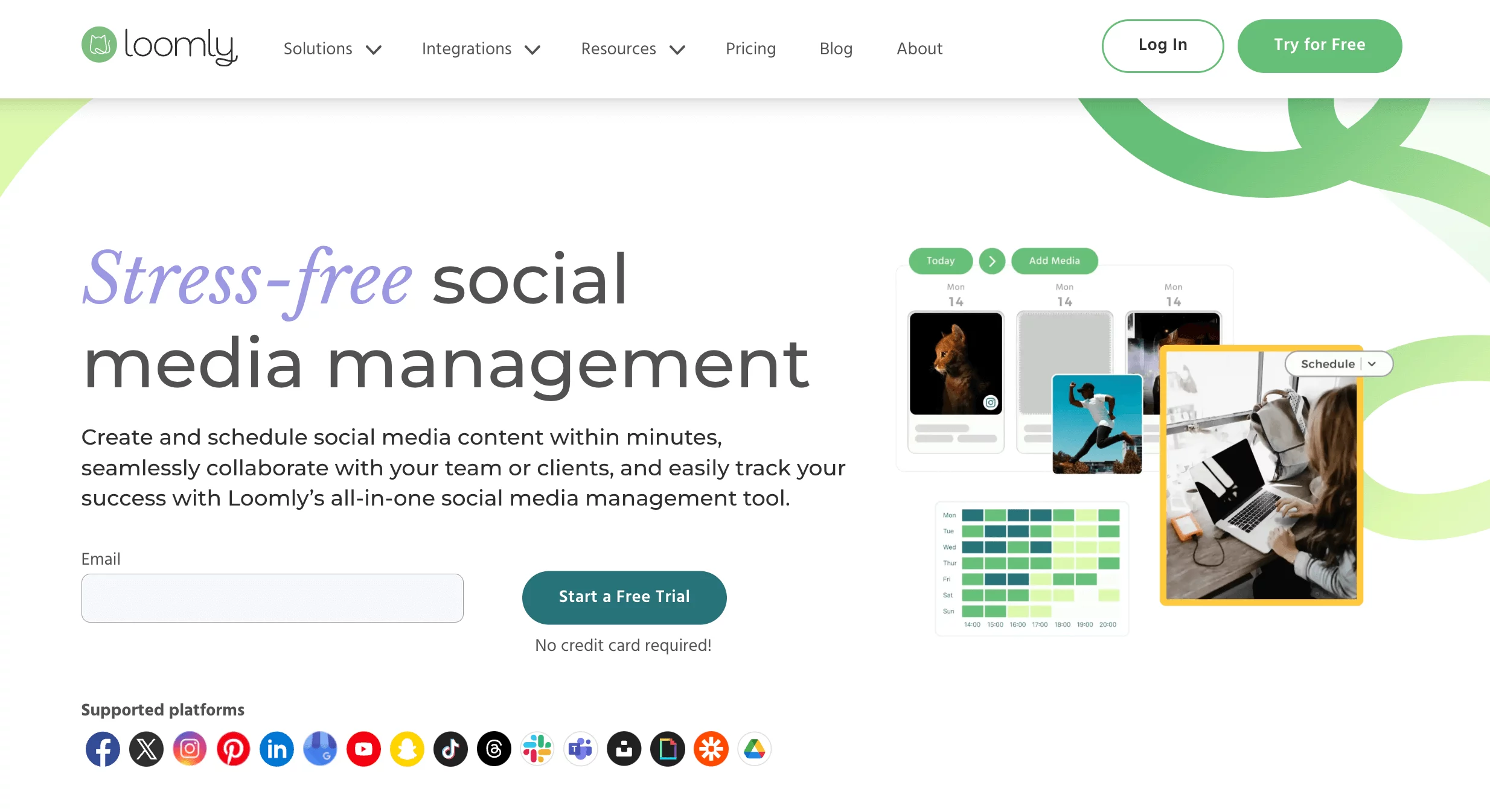 Loomly homepage highlighting stress-free social media management with scheduling tools and supported platform icons.