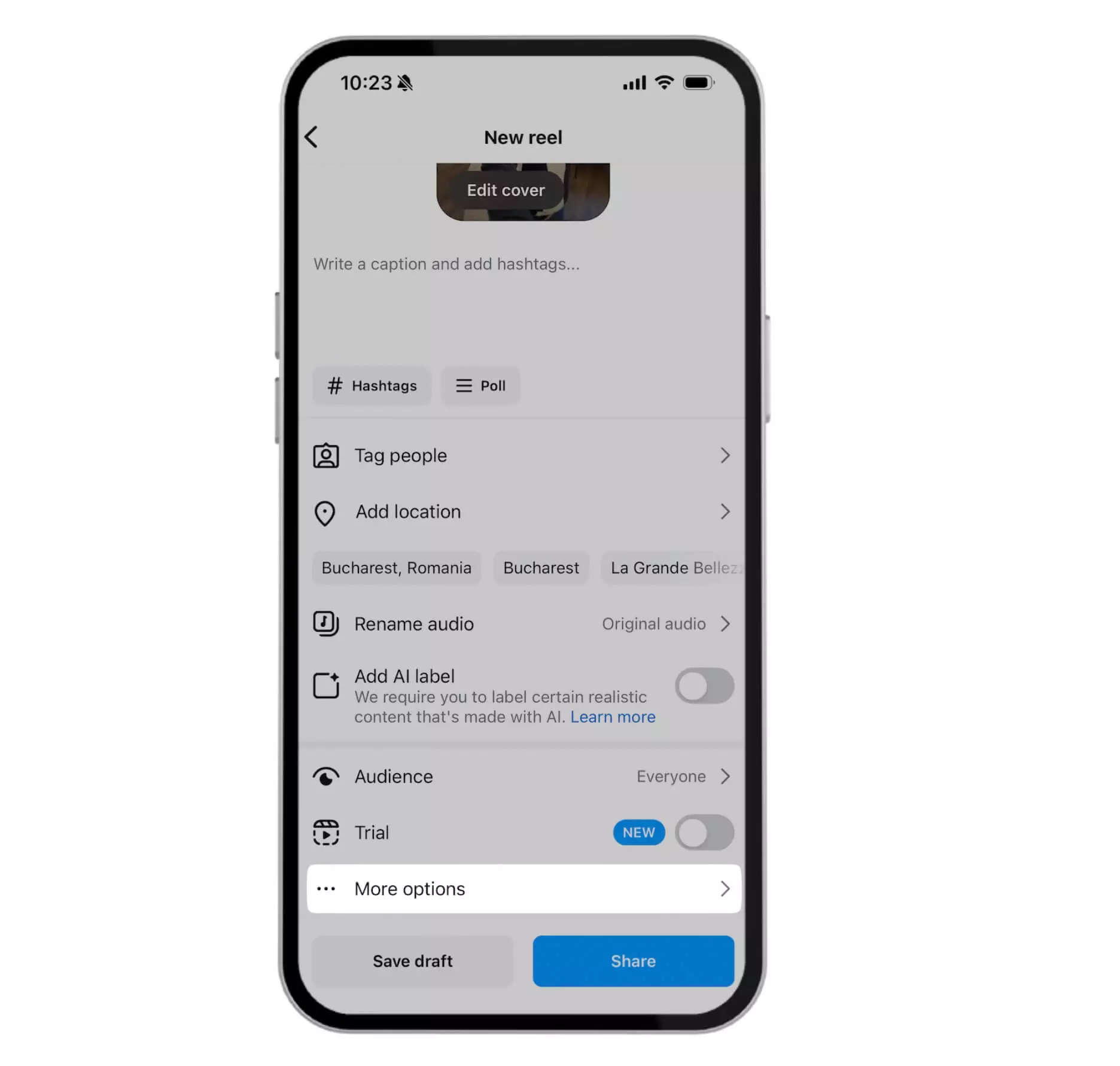 Detailed view of More options settings option for Reels on Instagram