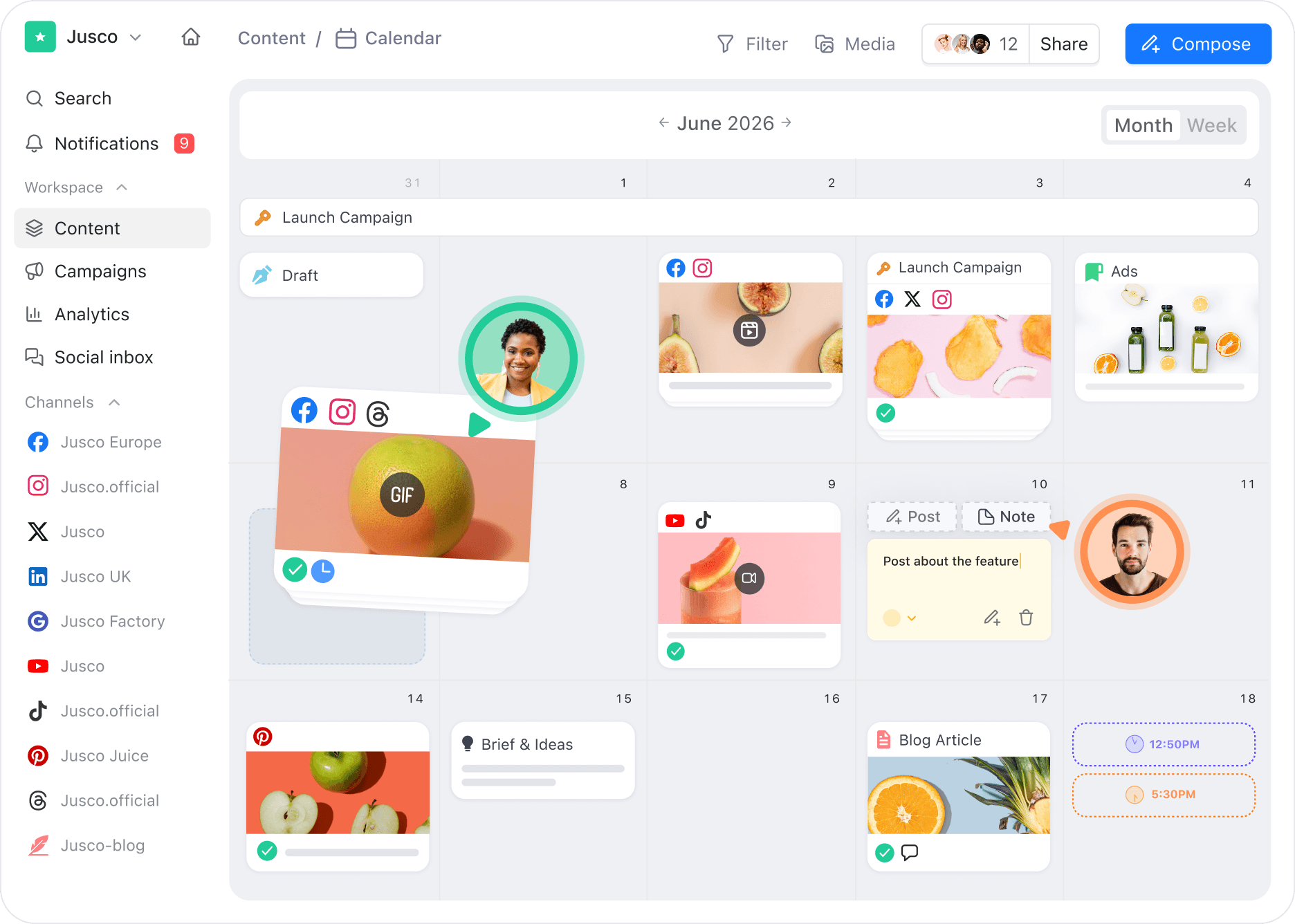 Social media content calendar dashboard showing scheduled posts, campaigns, notes, and channels