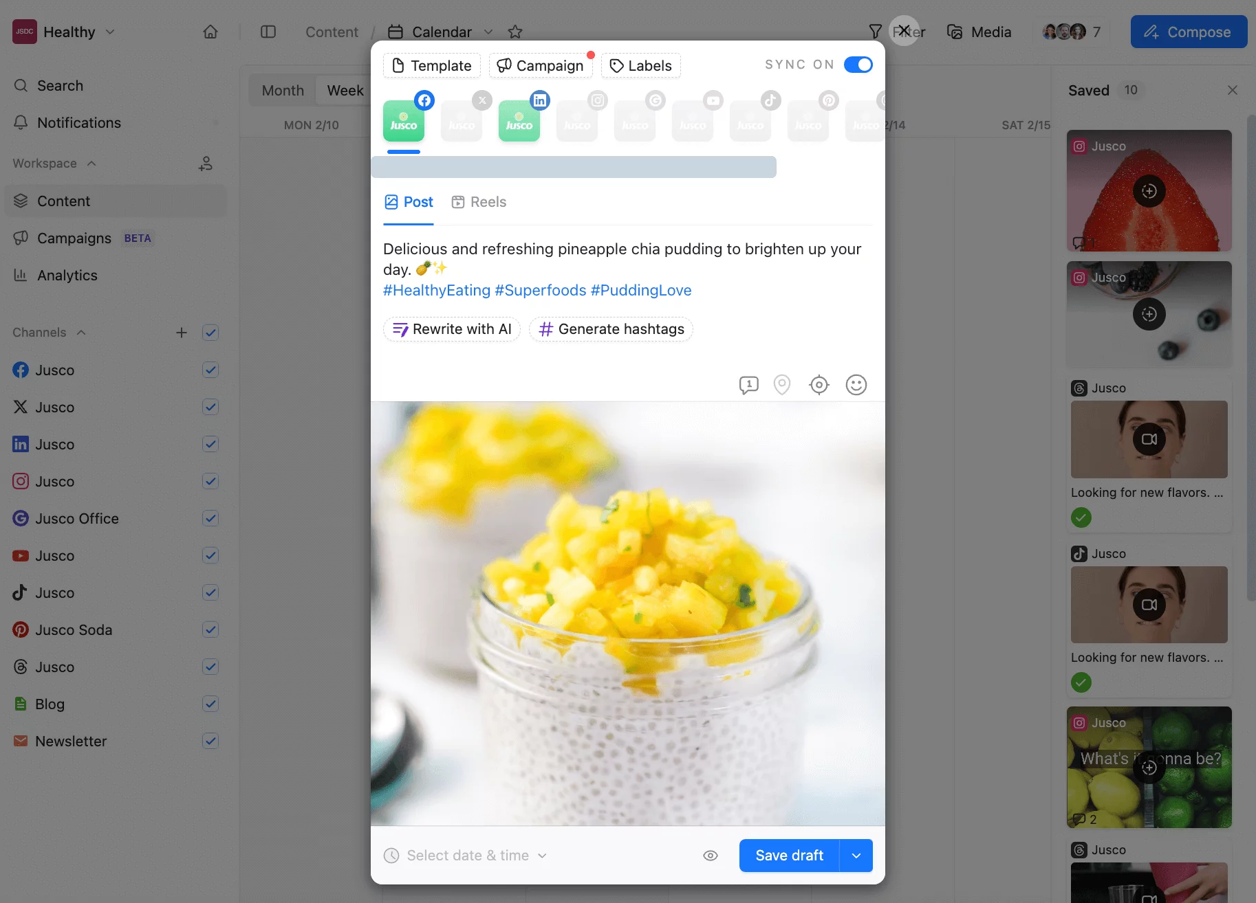 Social media scheduler compose editor in Planable with options for scheduling, saving as a draft, generating hashtags, and rewriting with AI for an image of pineapple chia pudding in a glass jar 