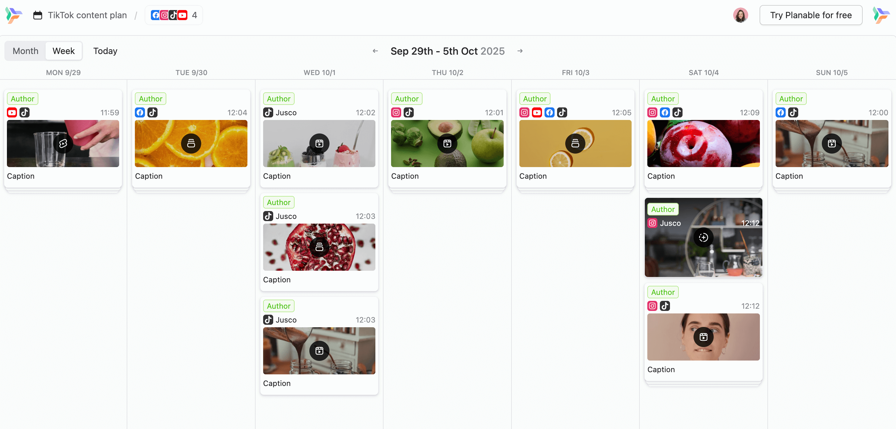 Weekly TikTok content plan in Planable from a guest view link.