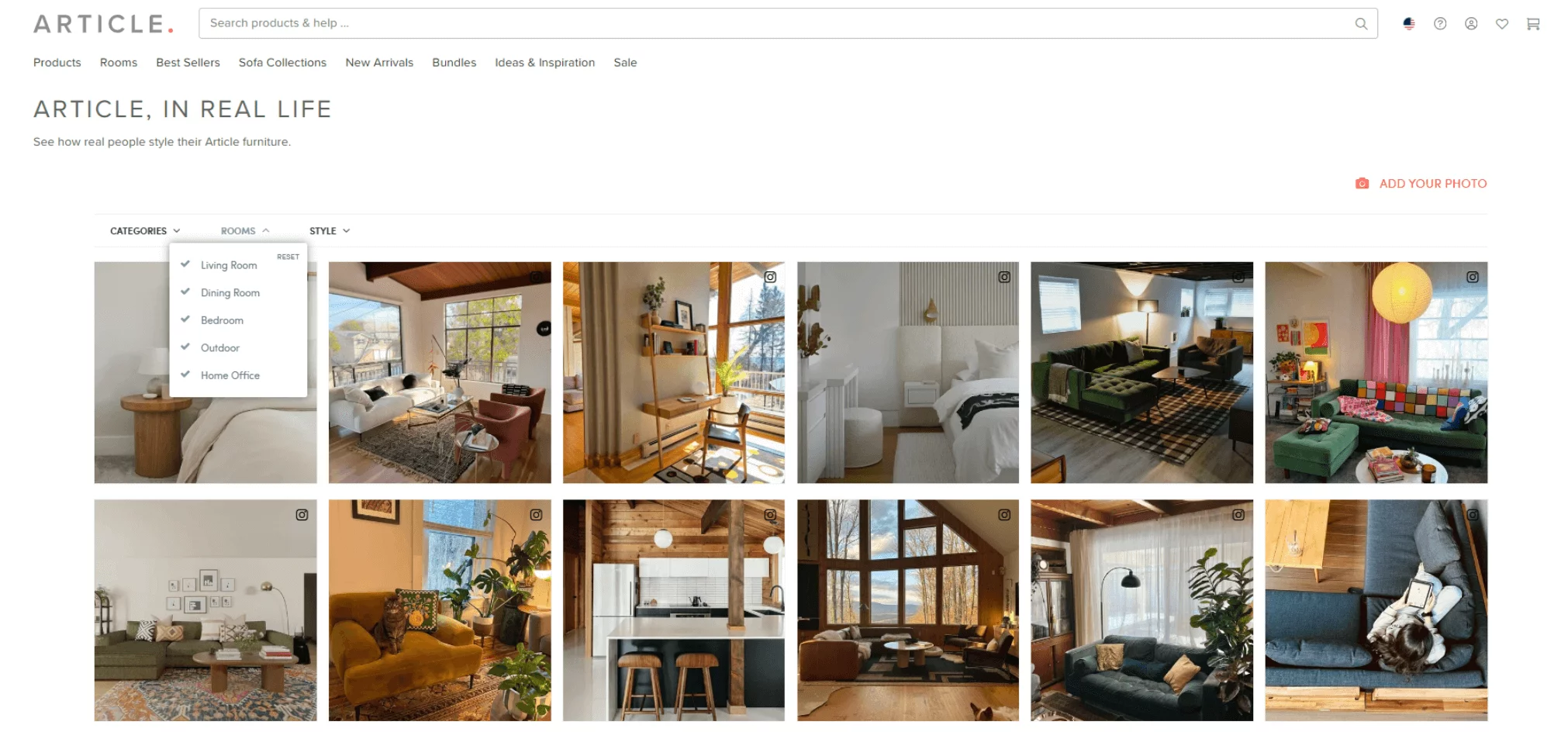 A webpage from Article displaying a real-life furniture gallery with customer photos of styled living rooms, bedrooms, and home offices.