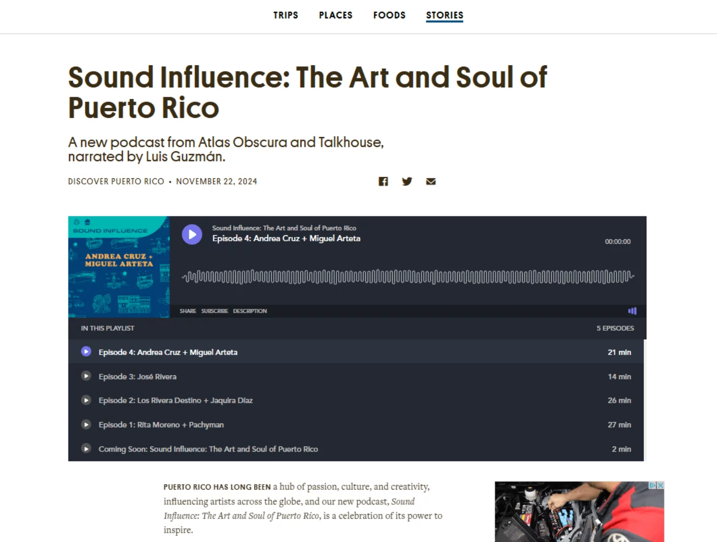 Atlas Obscura's podcast page for "Sound Influence: The Art and Soul of Puerto Rico," featuring a playlist of episodes narrated by Luis Guzmán.