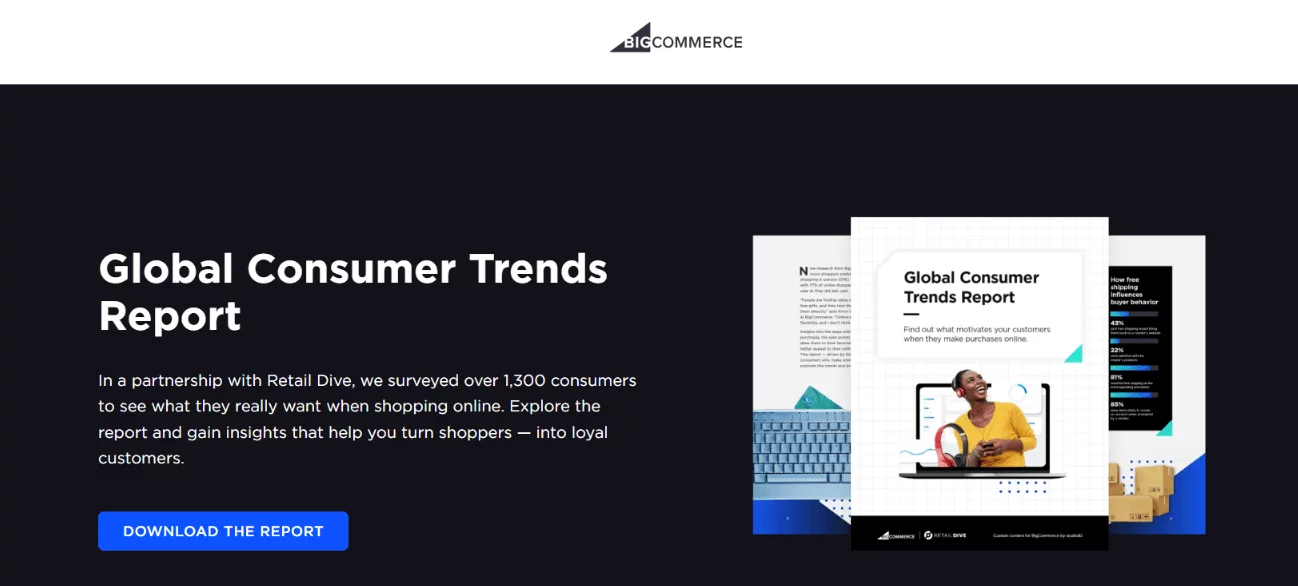 A landing page for the BigCommerce Global Consumer Trends Report, featuring a call-to-action to download insights on online shopping behavior.