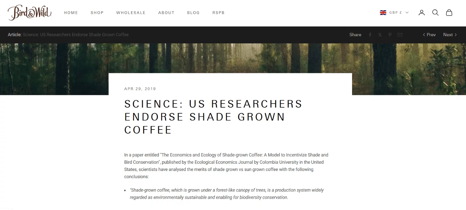 An article on Bird & Wild’s website discussing a study endorsing shade-grown coffee for sustainability and biodiversity conservation.