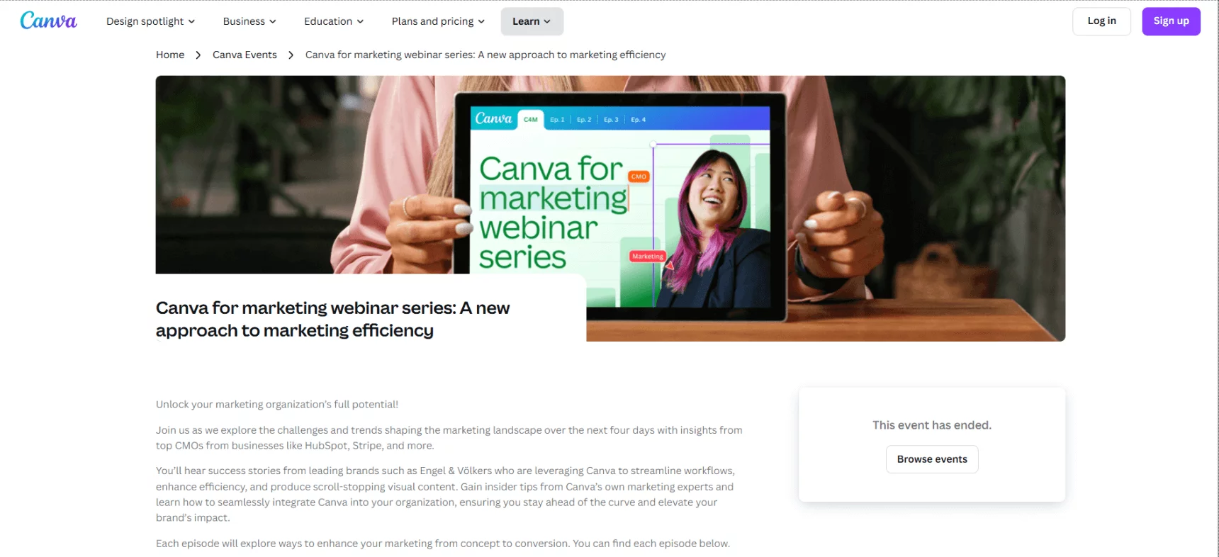 A Canva learning page featuring a woman holding a tablet displaying "Canva for Marketing Webinar Series," focusing on marketing efficiency.