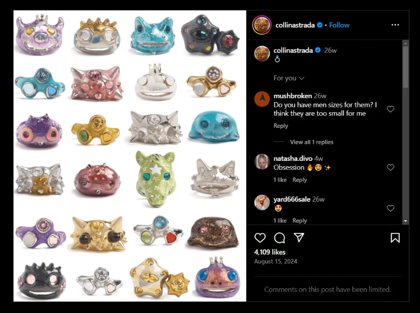 An Instagram post by Collina Strada displaying a collection of quirky, colorful, animal-shaped rings with gemstones and metallic finishes.