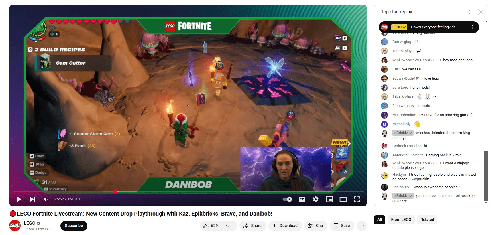 A LEGO Fortnite livestream on YouTube featuring a gameplay session with content creators exploring new updates.