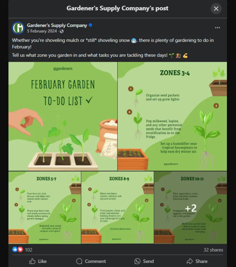 A Facebook post from Gardener’s Supply Company with a February gardening to-do list for different climate zones.