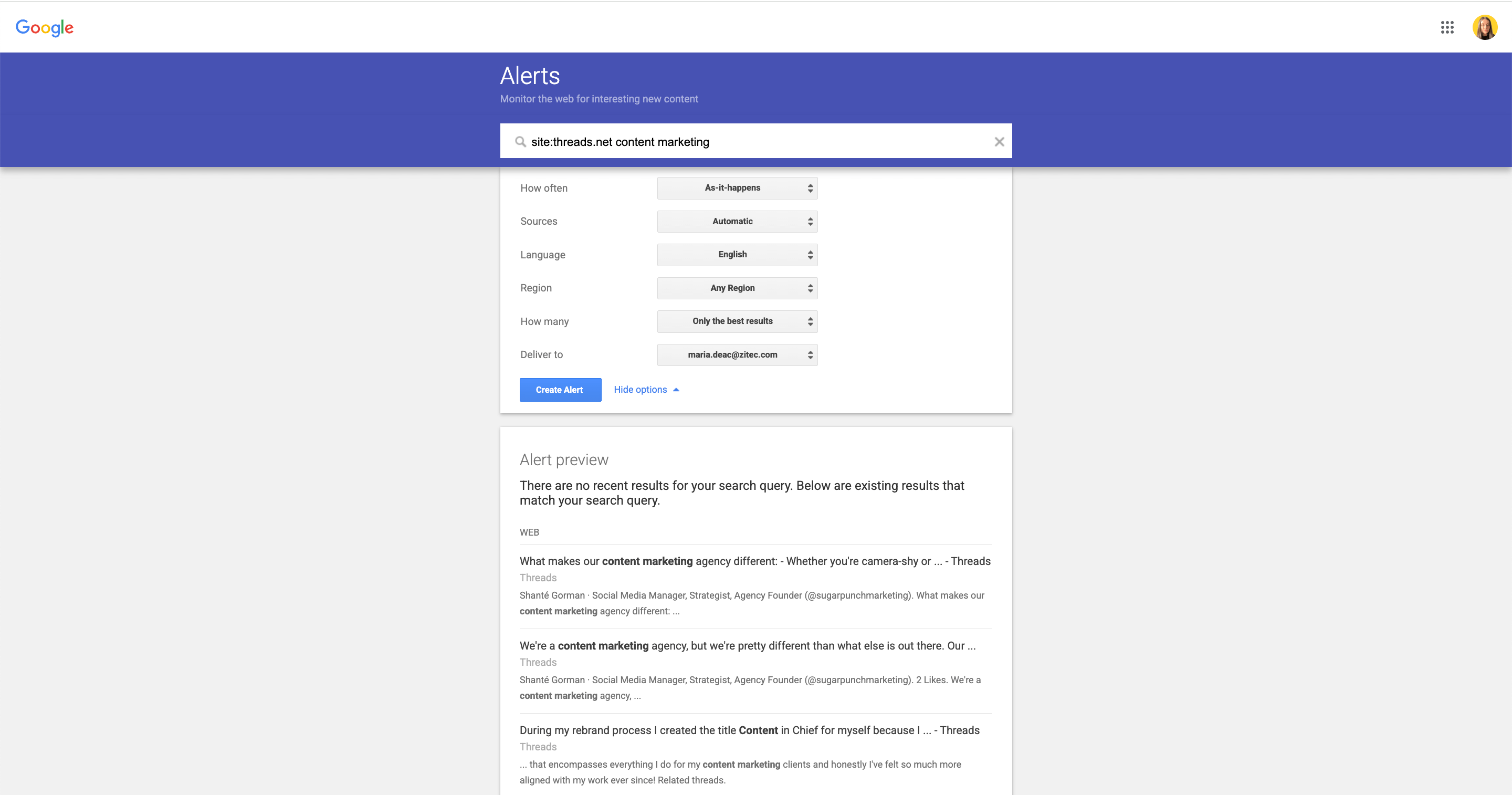 Google Alerts interface, a tool used for monitoring web content changes