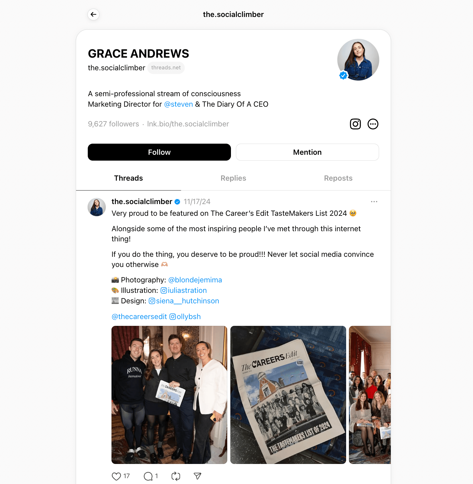 Example of an optimized profile on the Threads platform, highlighting elements such as a clear profile picture, a concise and informative bio, and strategic use of keywords to enhance discoverability